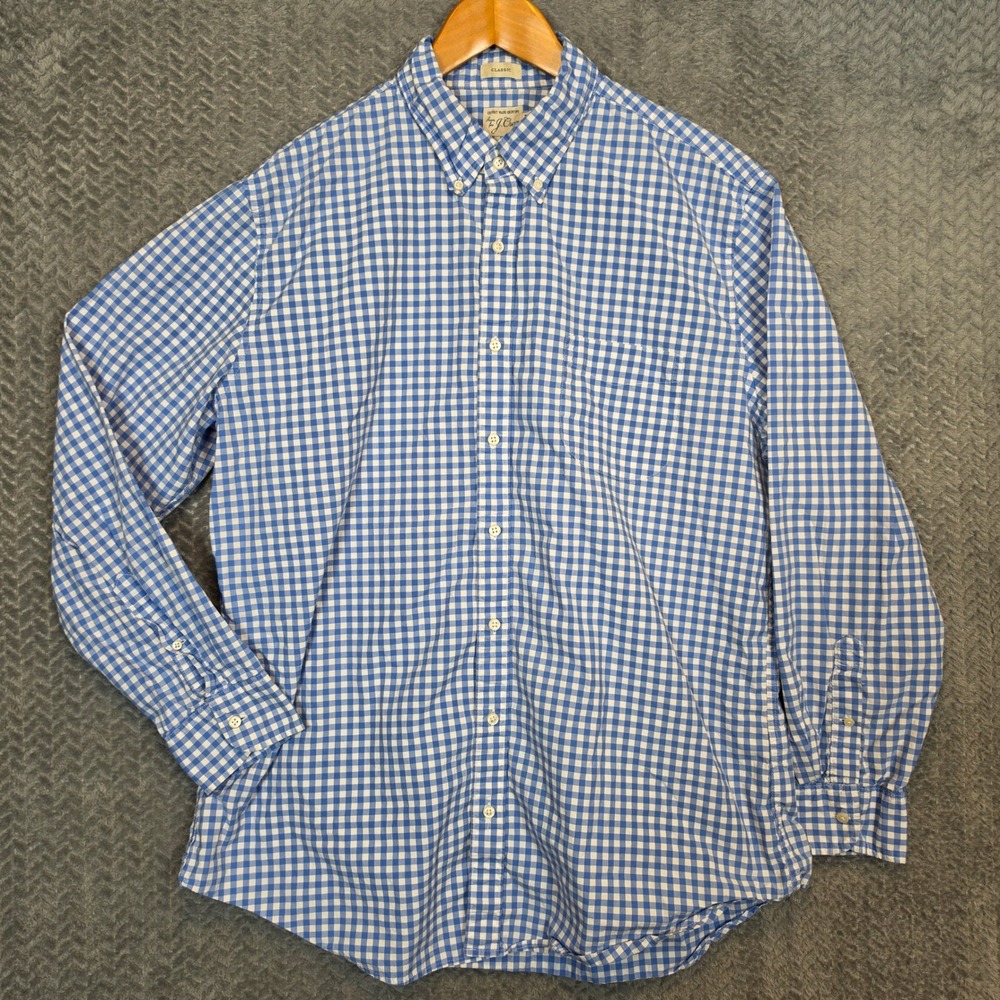 J.Crew Secret Wash Gingham Shirt Mens XLT Blue White Classic Fit Long Sleeve